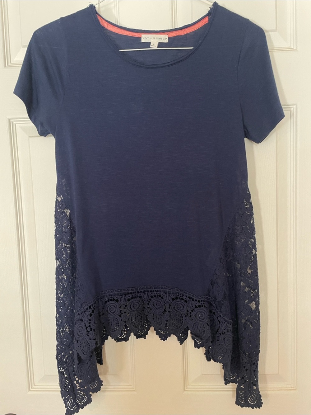 Coco + Jaimeson Navy Short Sleeve Lace-Trim Top